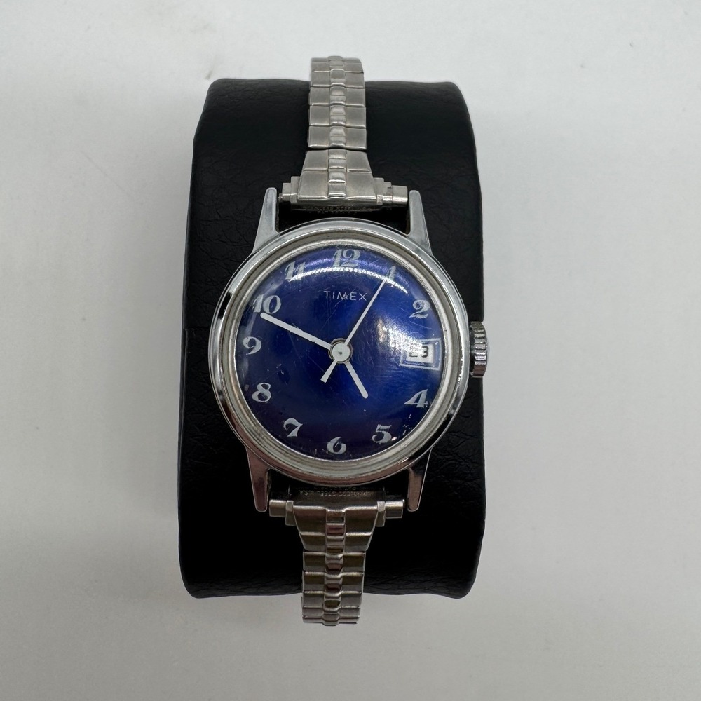 Vintage Timex Blue Dial Manual Wind Date Watch Speidel Band for Parts Repair